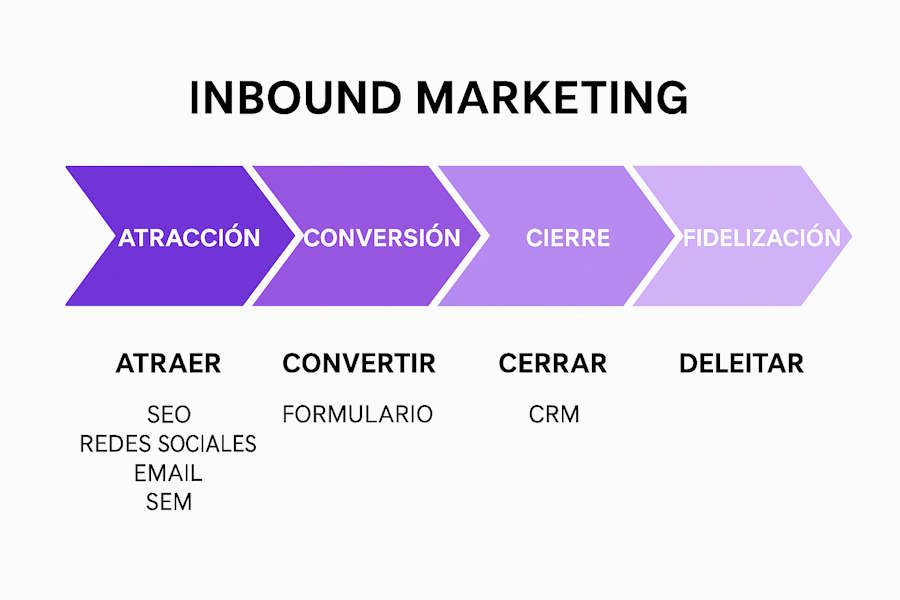Fases del inbound marketing: atracción, conversión, cierre y fidelización con estrategias como SEO, redes sociales, email y CRM