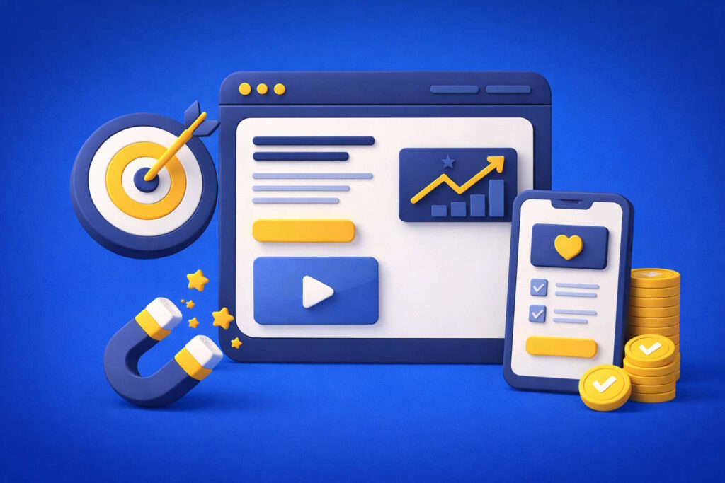 Ilustración 3D estilo clay sobre landing page orientada a conversión y captación de clientes